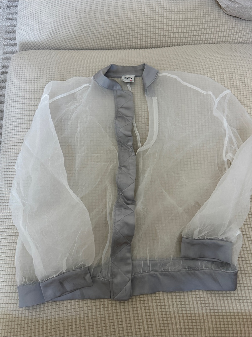 Zara Sheer White Organza Bomber Jacket with Gray Trim